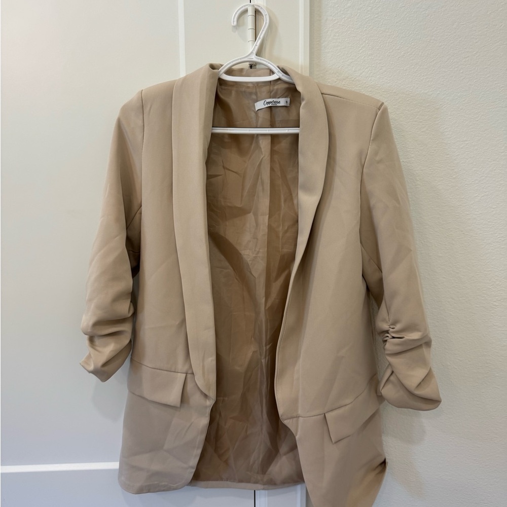 Tan Blazer with Shawl Collar and Ruched Sleeves